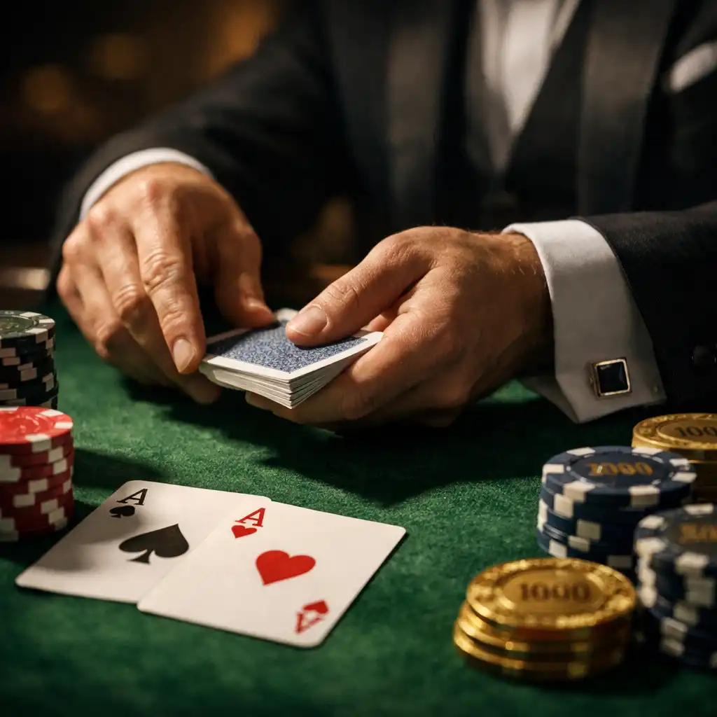 Zbliżenie na profesjonalny stół pokerowy z żetonami