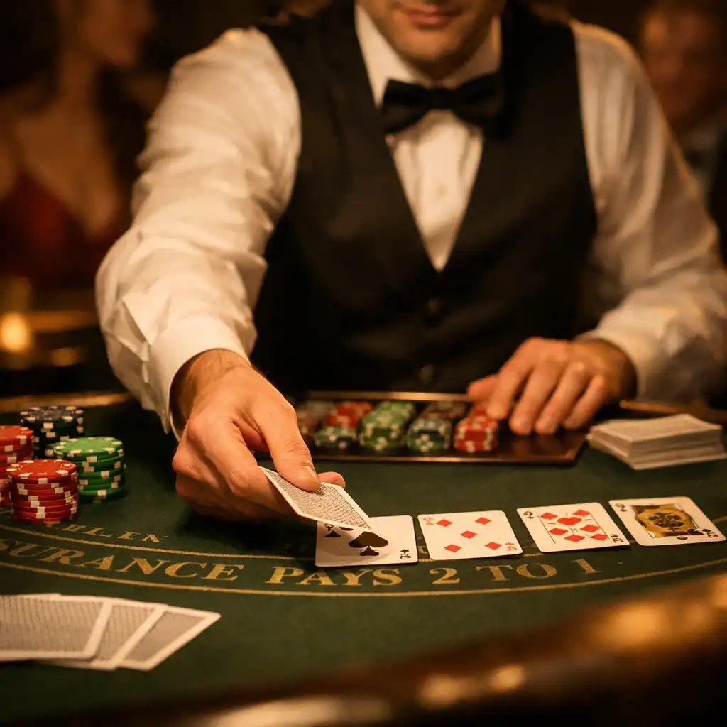 Krupier rozdający karty przy stole blackjack